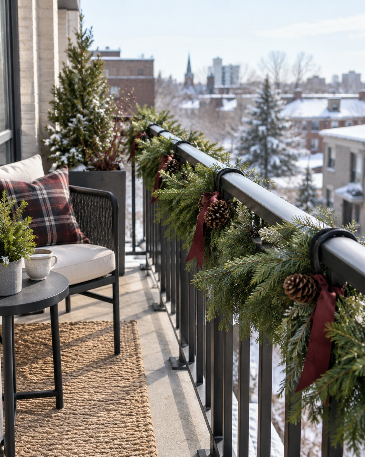 Evergreen balcony railing garland with pinecones and muted burgundy ribbon secured at several points