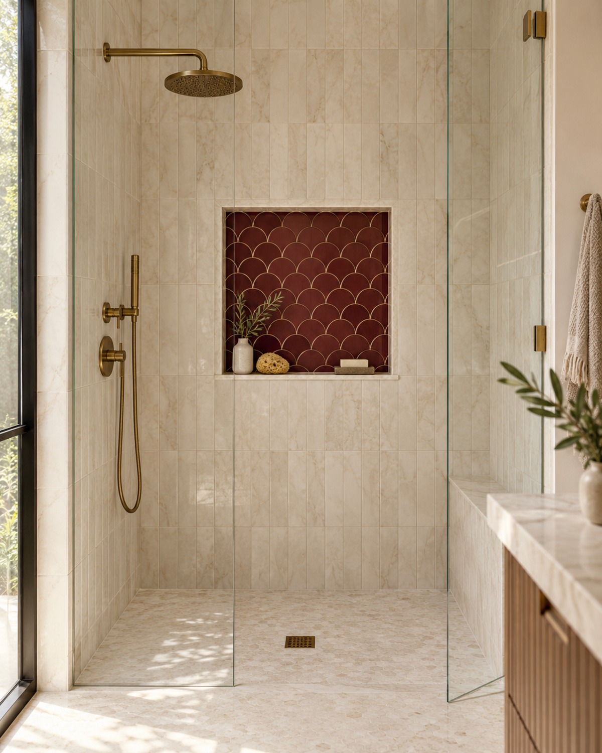 Compact burgundy powder room with a black pedestal sink, brass stepped mirror, opal sconce, and ivory floor