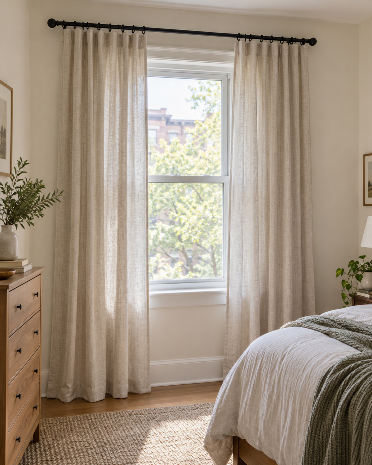 Floor-length linen curtains hanging from an existing black rod in a neutral rental bedroom