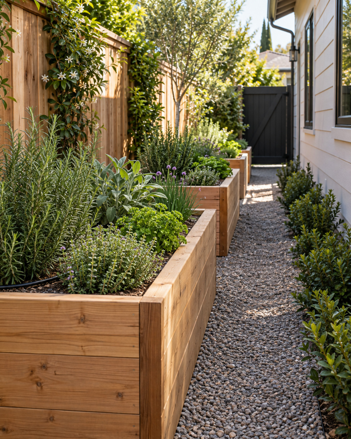 Narrow cedar raised planters growing rosemary, thyme, sage, chives, and parsley beside a gravel path