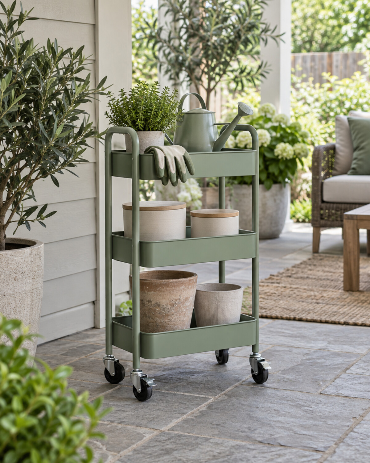 Slim three-tier outdoor rolling cart with gardening supplies and locking casters on a small patio
