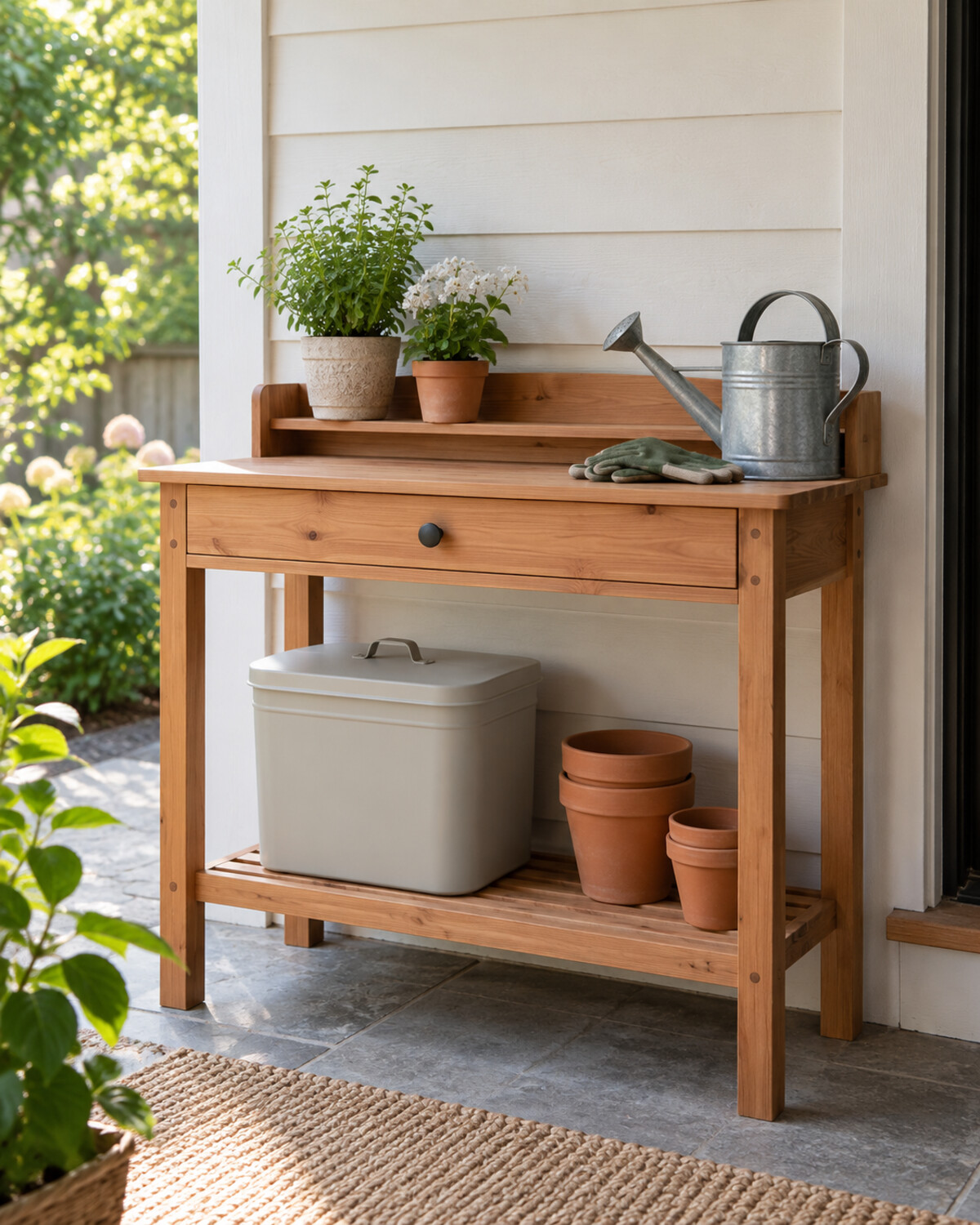 Compact cedar potting bench with a work surface, shelf, drawer, and neatly arranged gardening supplies