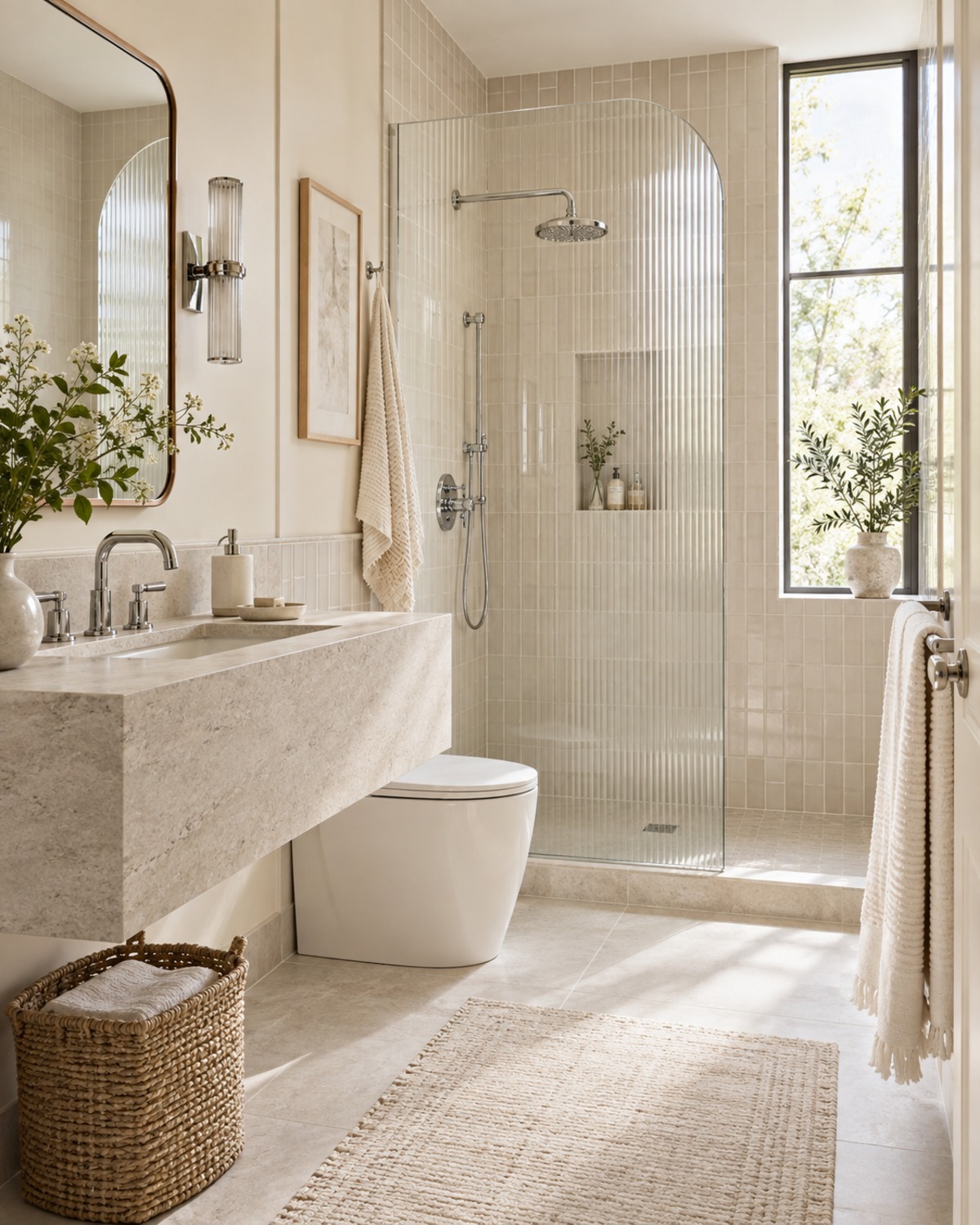 Cream-tile shower with a narrow geometric mosaic border in charcoal, muted green, and ivory