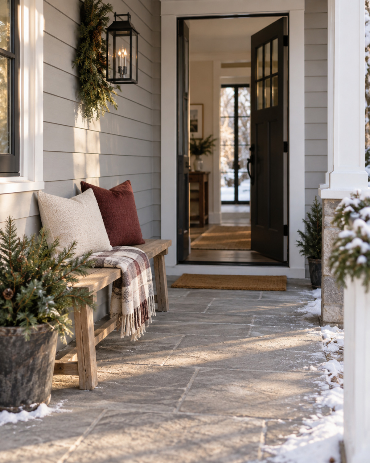 Slim wooden bench with one outdoor cushion and folded throw on a compact Christmas porch