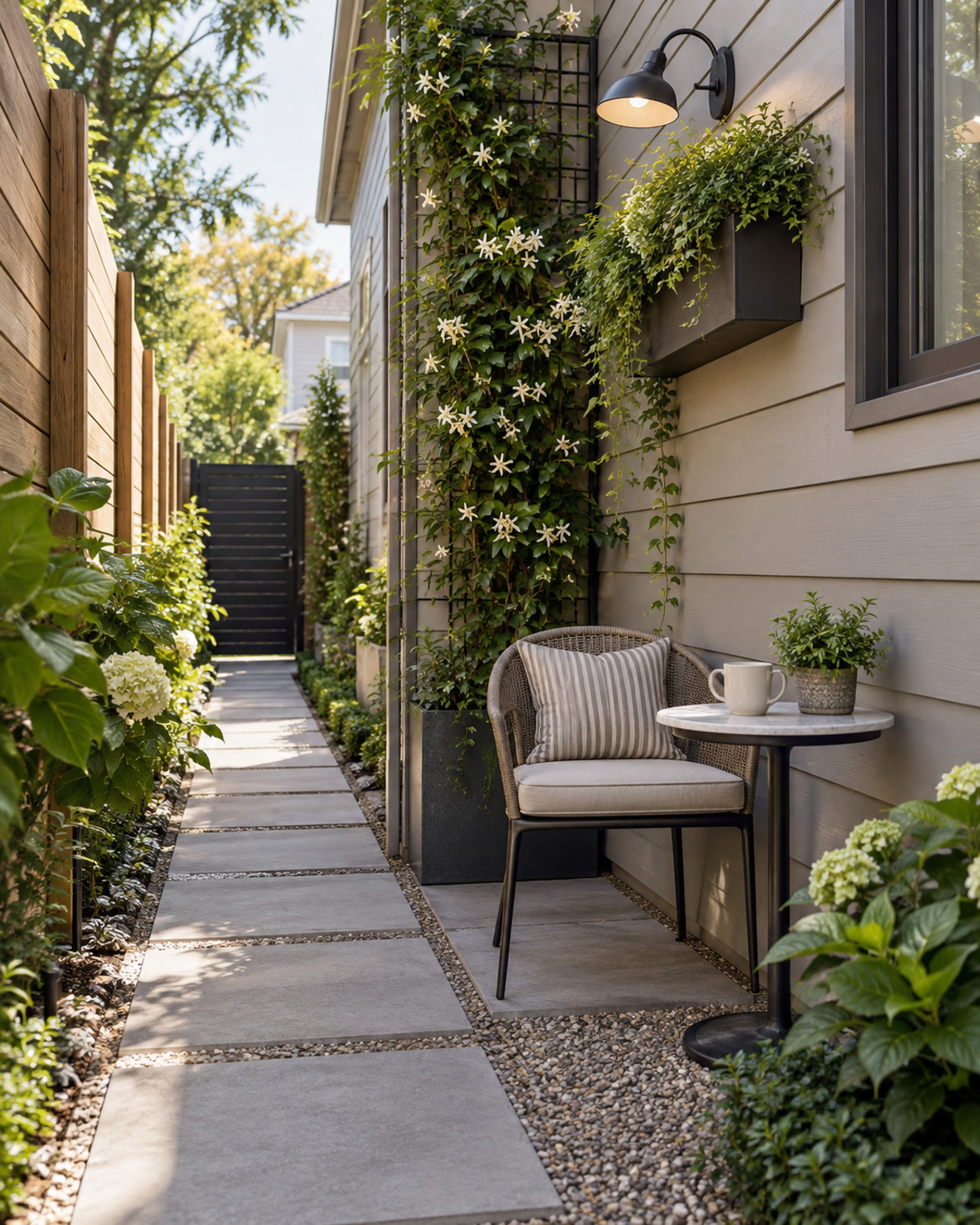 One weatherproof chair and a tiny round table tucked into a widened pocket of a narrow planted side yard
