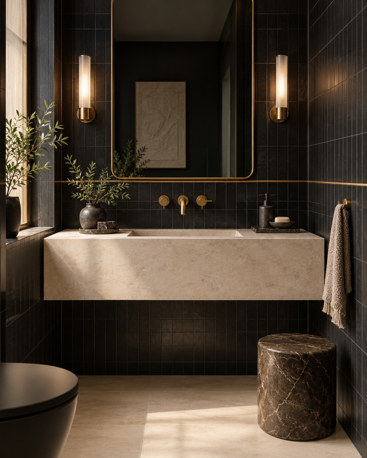 Powder room with fine fan-pattern wallpaper, a compact navy vanity, round brass mirror, and warm wall light