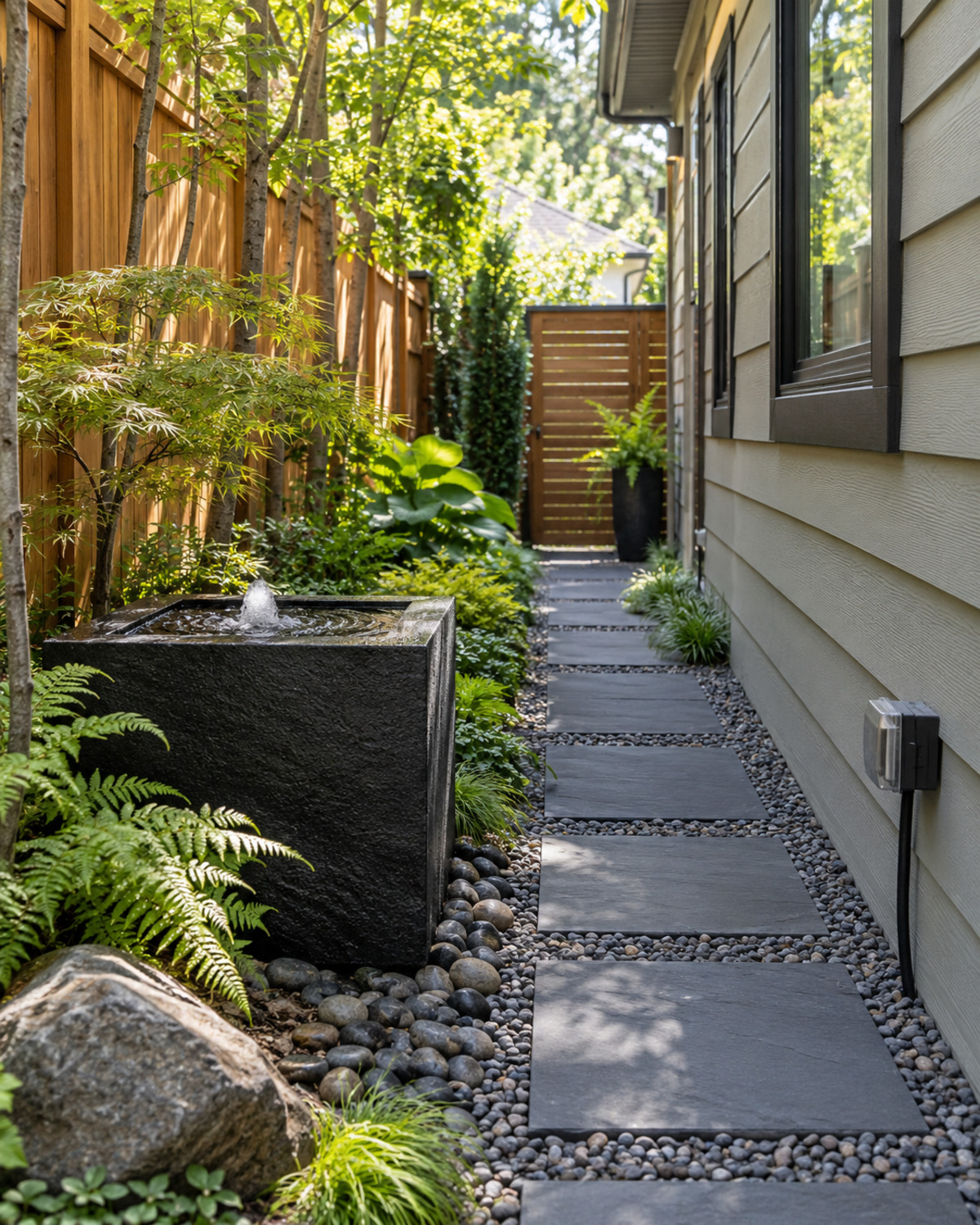 Compact dark stone recirculating water feature beside ferns and a dry stepping-stone side-yard path