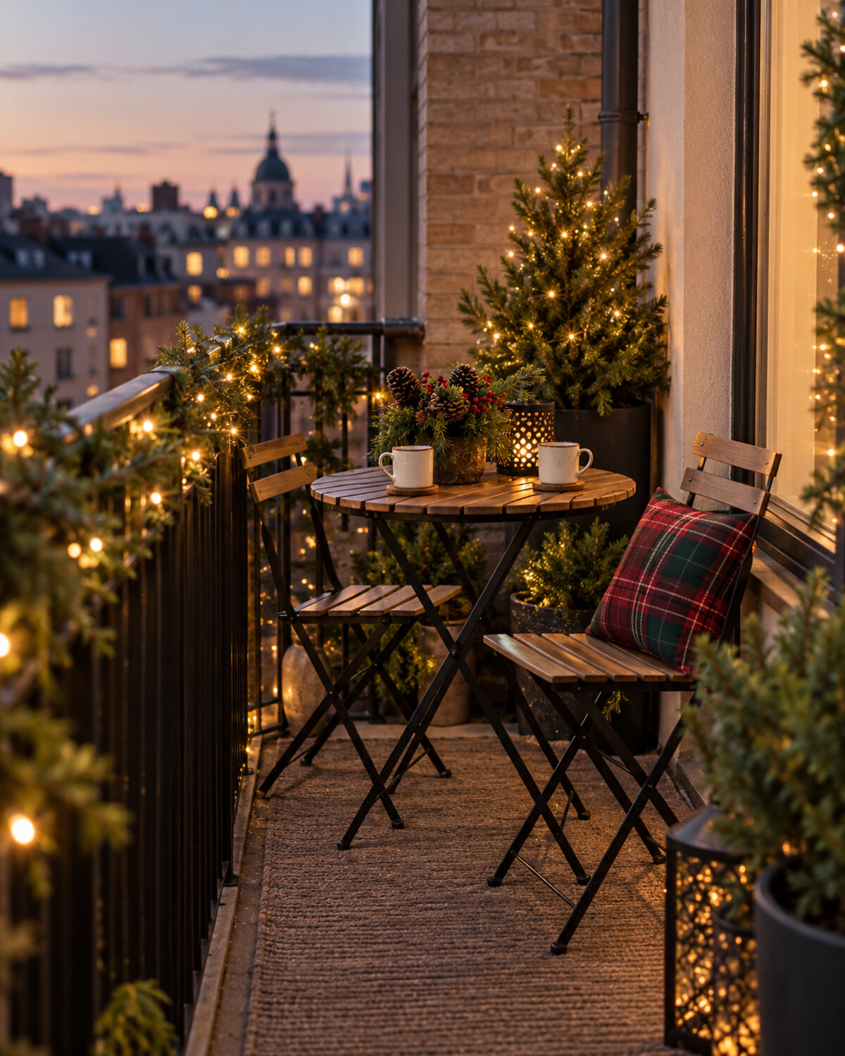 Tiny balcony bistro set for two with evergreen decor, warm lights, mugs, and one plaid cushion