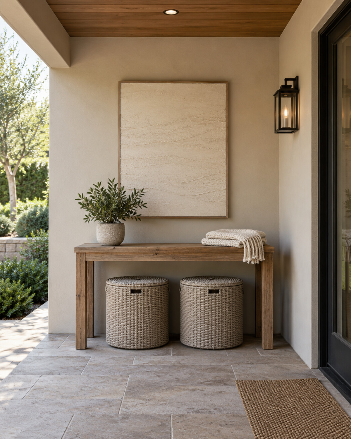Two lidded woven-look outdoor baskets under a console on a dry covered patio