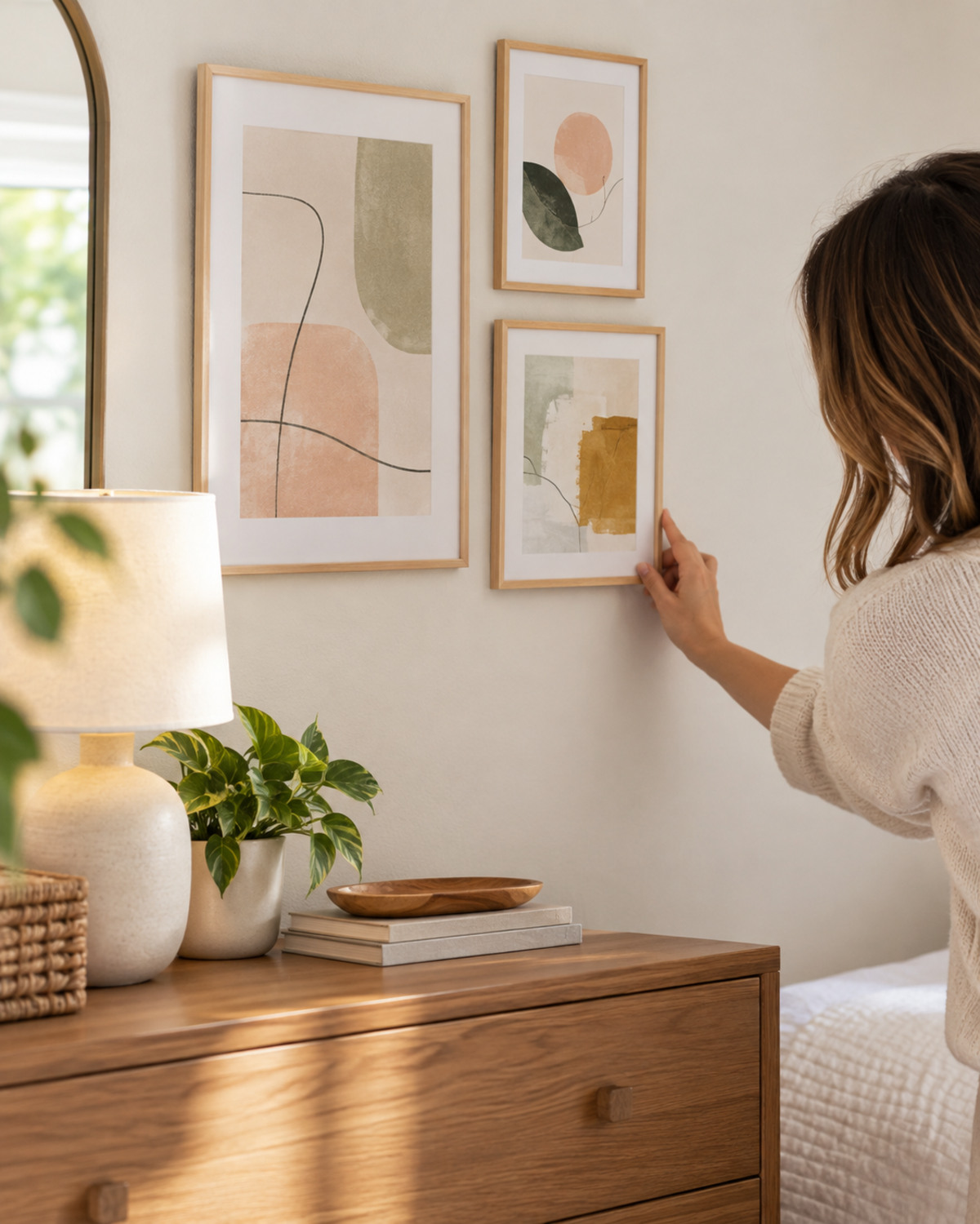 Three lightweight framed abstract prints arranged above a wood bedroom dresser