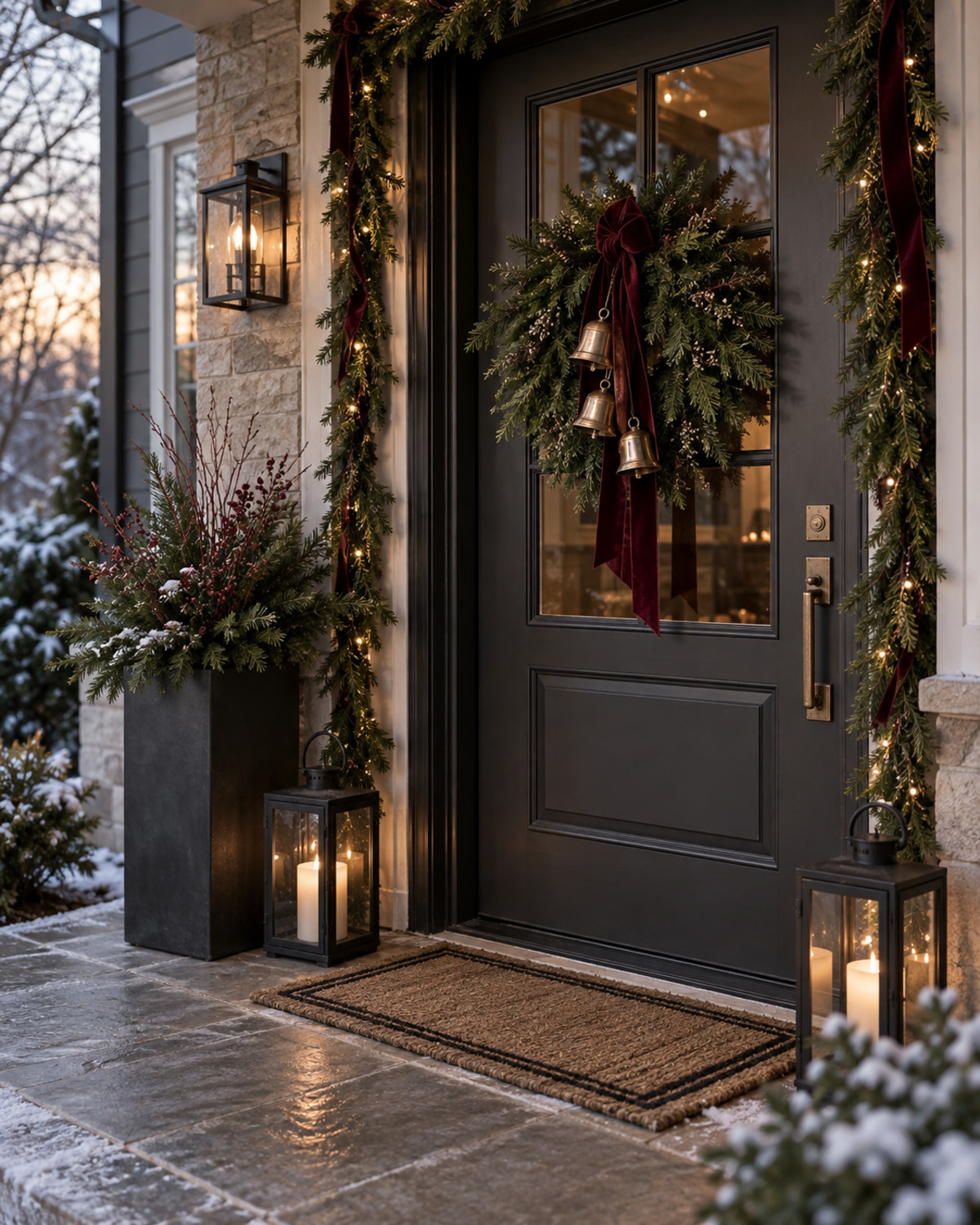 Elegant compact Christmas porch with burgundy velvet ribbon, greenery, and restrained aged-brass accents