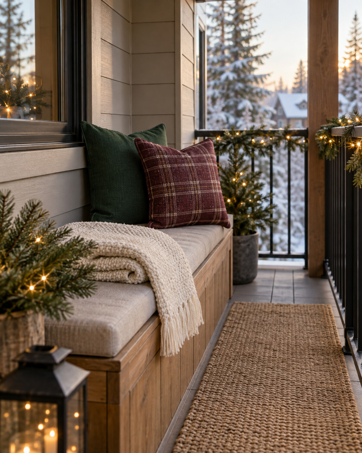 Covered balcony bench with green and burgundy outdoor pillows, a cream throw, and a clear walkway