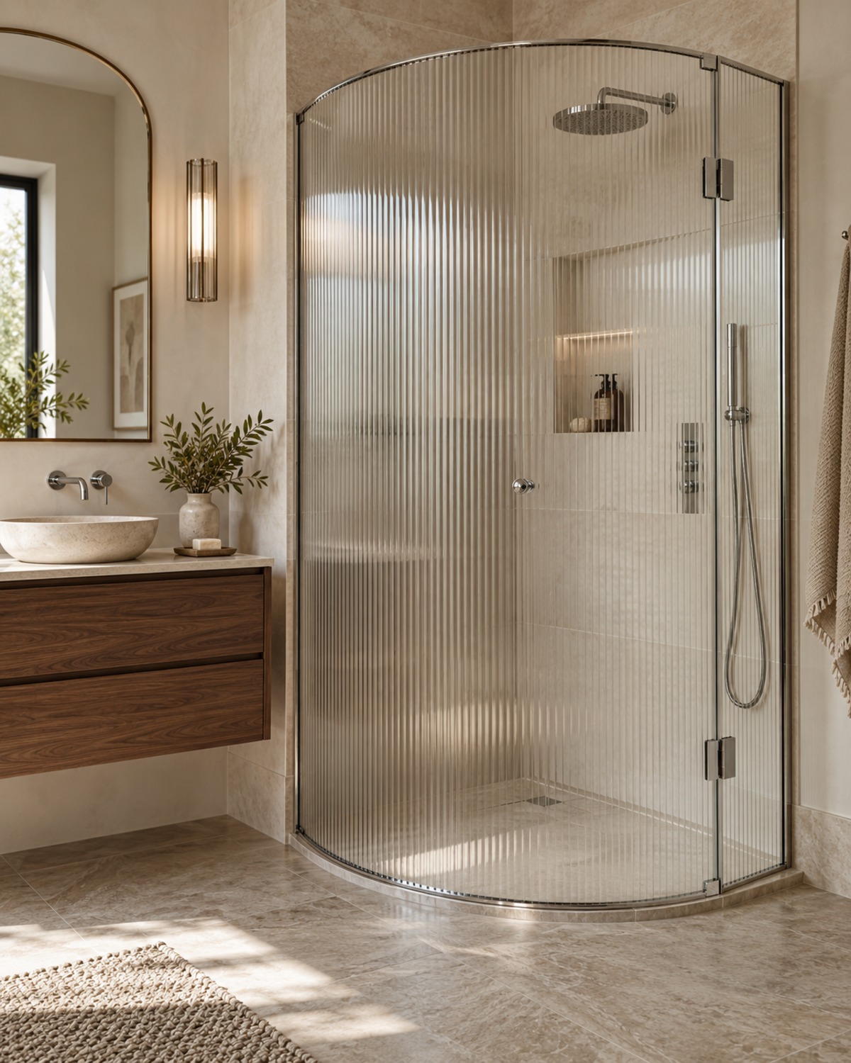 Glossy oxblood bathroom vanity with pale limestone surfaces, slim brass pulls, and a softly curved mirror