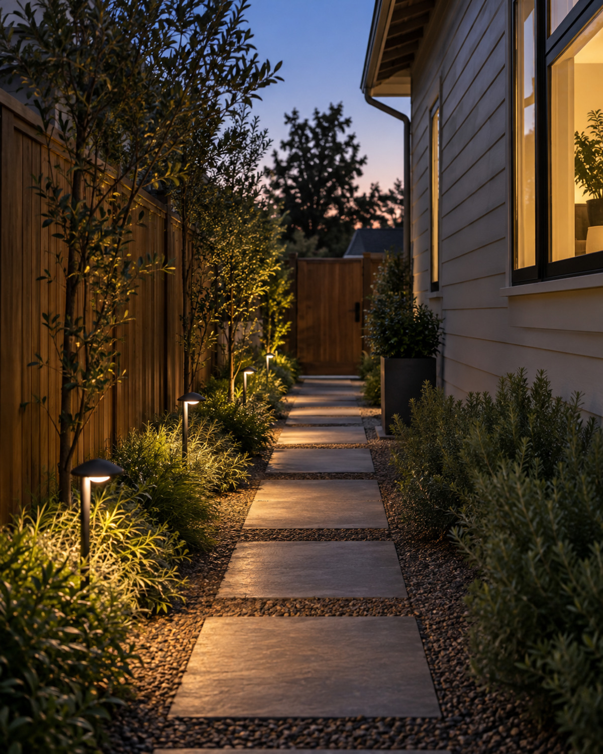 Warm shielded path lights casting downward pools of light along a narrow stepping-stone walkway at dusk