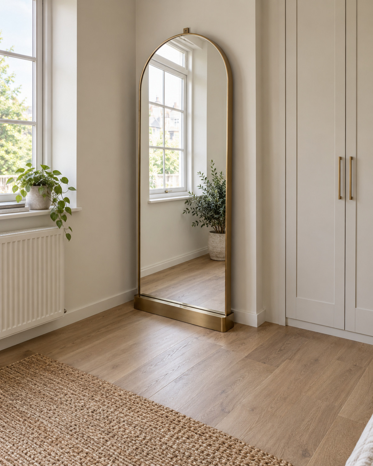 Secured arched floor mirror positioned beside a window and wardrobe with a clear walkway