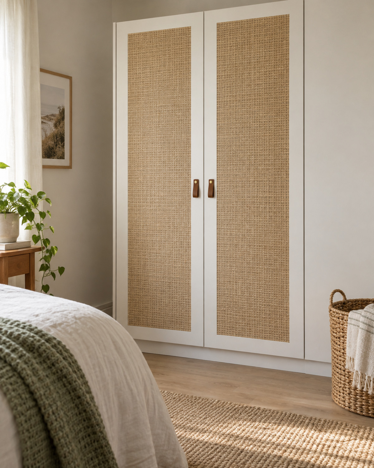 White rental wardrobe doors refreshed with woven-look removable panels and simple pulls