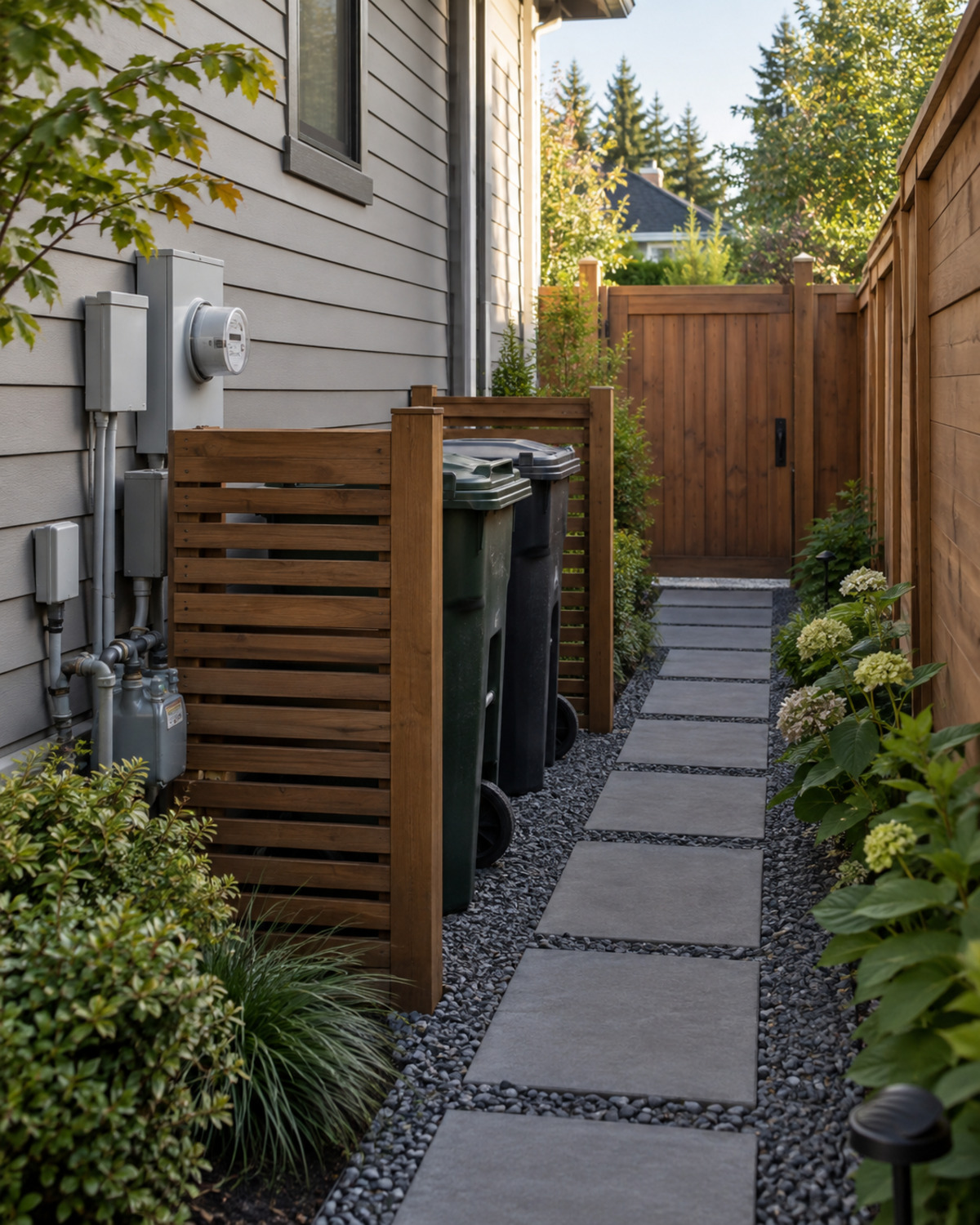 Slatted wood screen partially concealing wheeled bins while exterior meters, gate, and walkway remain accessible