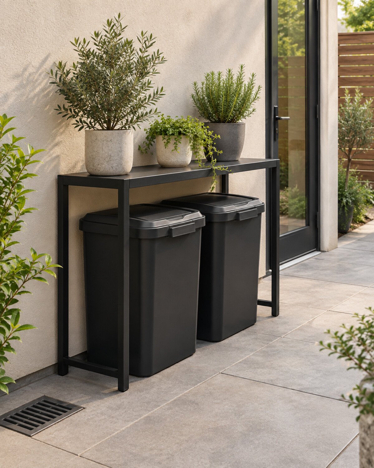 Narrow raised patio console with matching dark bins concealed neatly beneath it