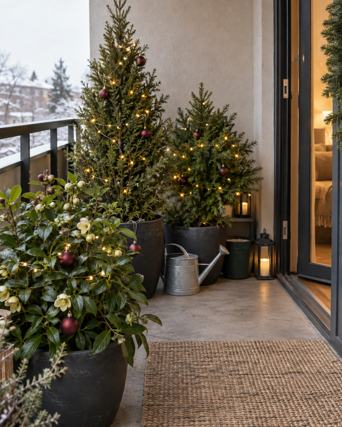 Established balcony evergreens and a leafy container plant decorated lightly with warm lights and matte burgundy ornaments