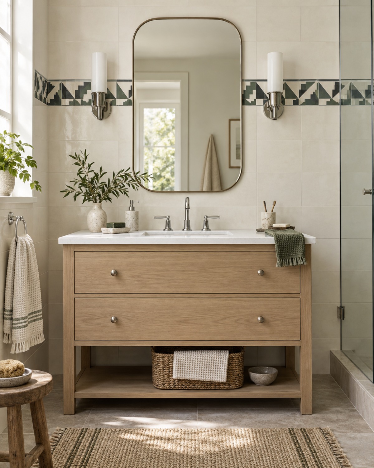Walnut double vanity with two tall stepped mirrors, a central opal sconce, pale stone backsplash, and chrome faucets