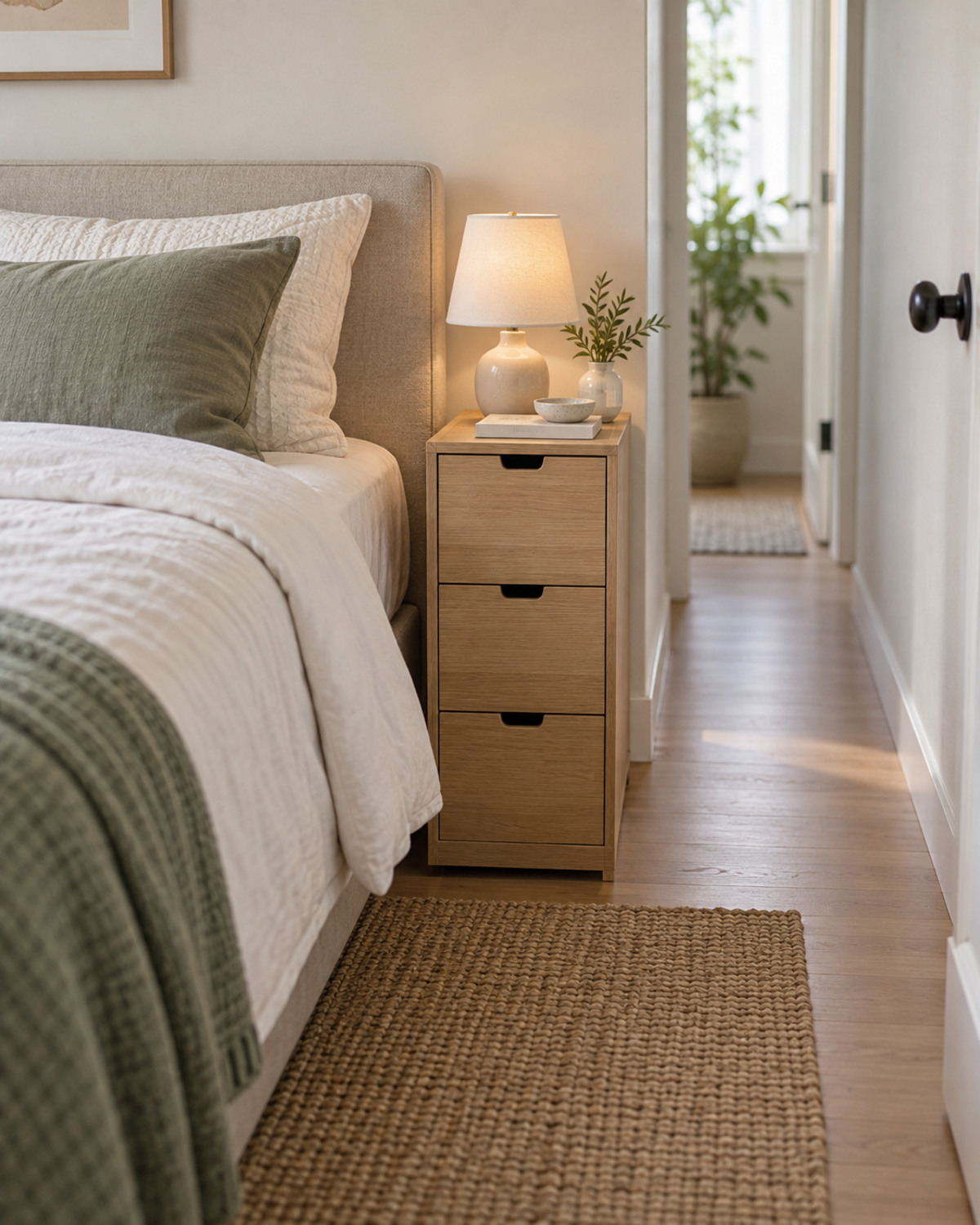 Slim three-drawer bedside storage unit beside a bed with an open walkway
