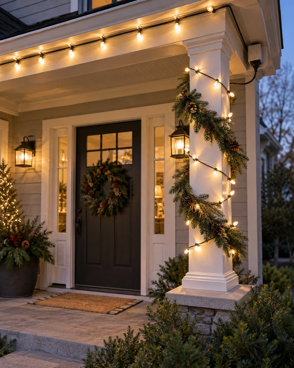 Compact porch with neatly clipped warm-white outdoor Christmas lights and a weather-protected connection