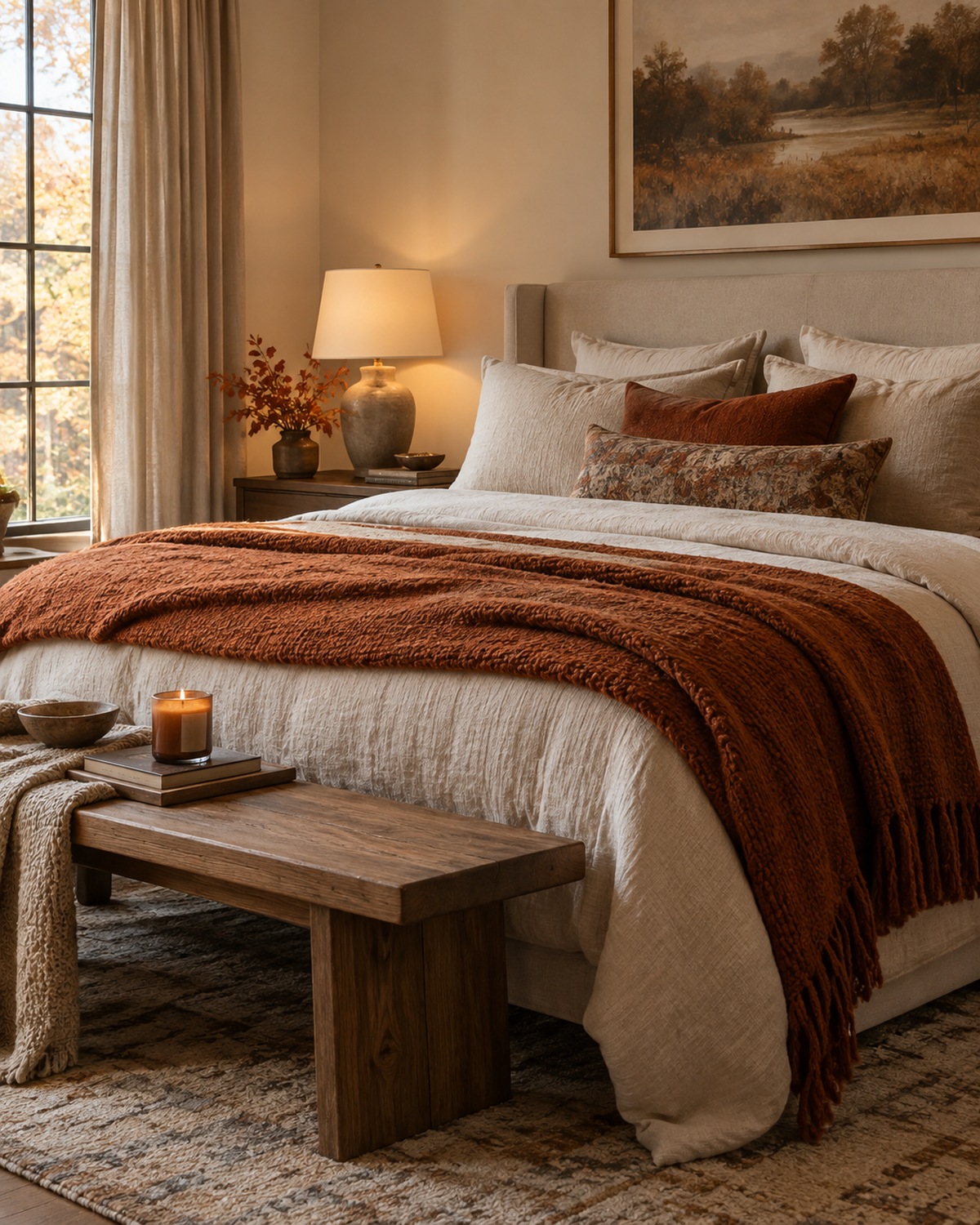 refresh the Bed With Layered Autumn Bedding, shown in a realistic HomeTrendora-style room