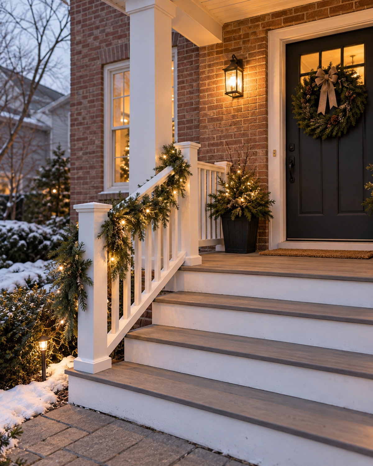 Evergreen garland secured to a porch column and outer railing while the steps and handrail remain usable