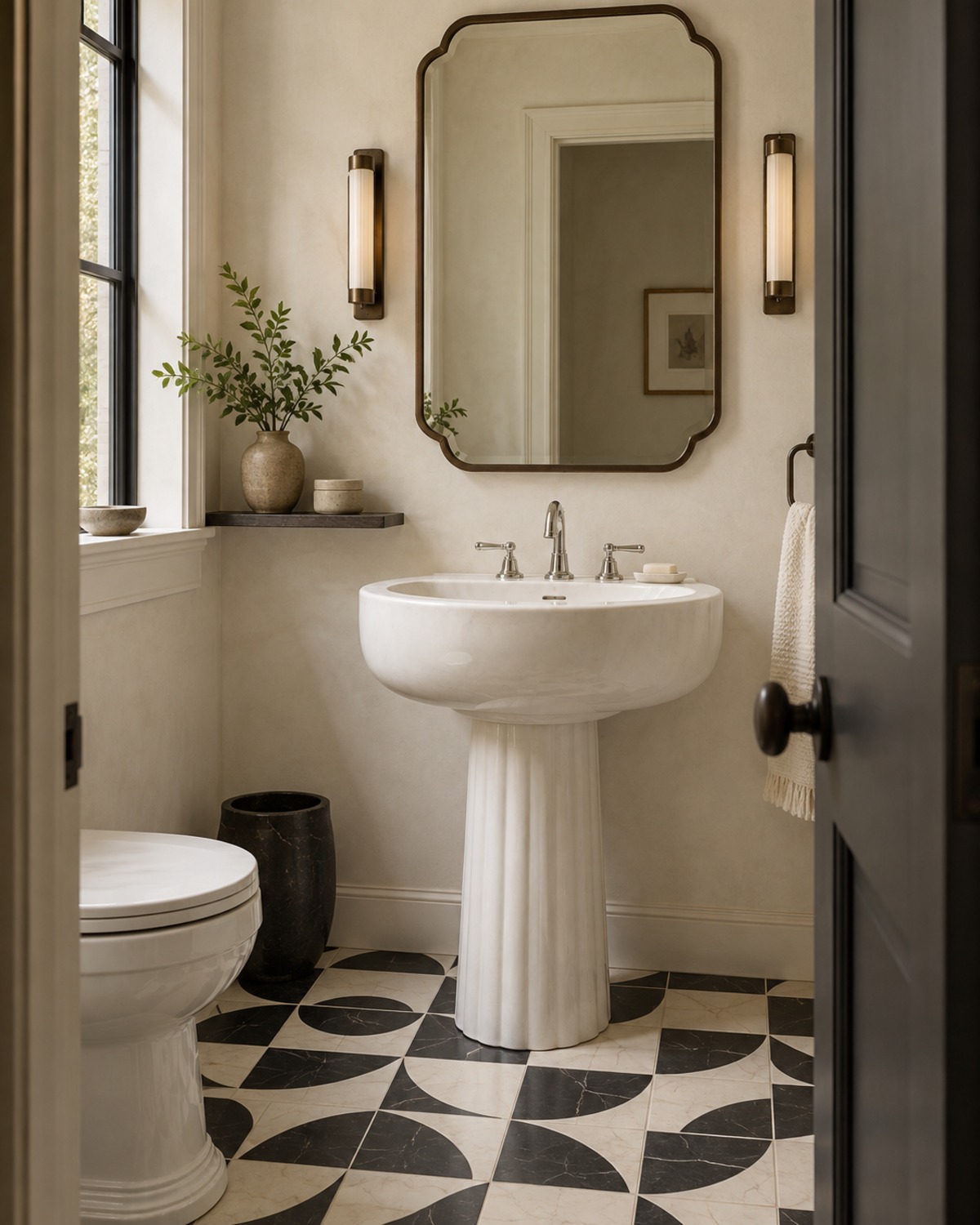 Matched before-and-after view of a basic small bathroom updated with an oxblood vanity, brass stepped mirror, globe sconces, and burgundy marble backsplash