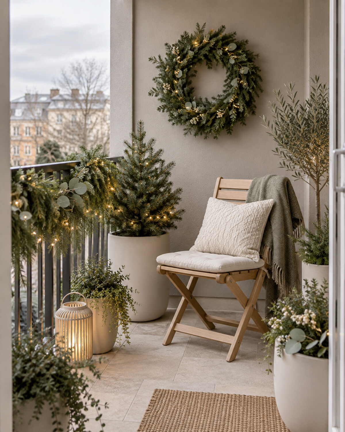 Neutral Christmas balcony with cream planters and textiles, evergreen decor, pale wood, and warm lights