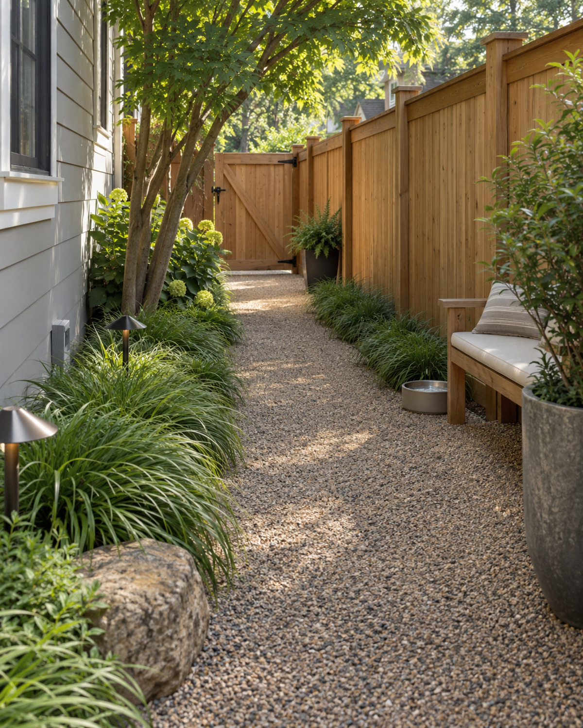 Secure fenced side-yard passage with smooth compacted gravel, sturdy edge planting, a bench, and water bowl