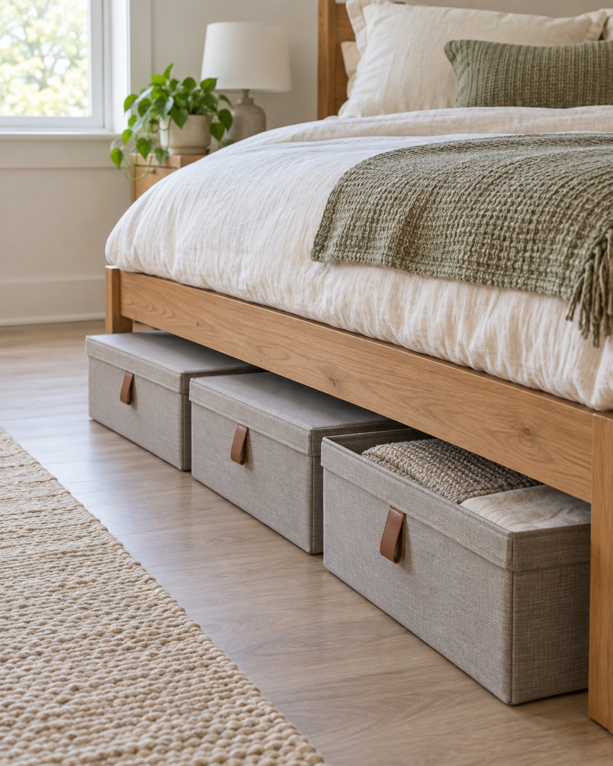 Three low-profile fabric storage bins sliding beneath a raised wood bed frame