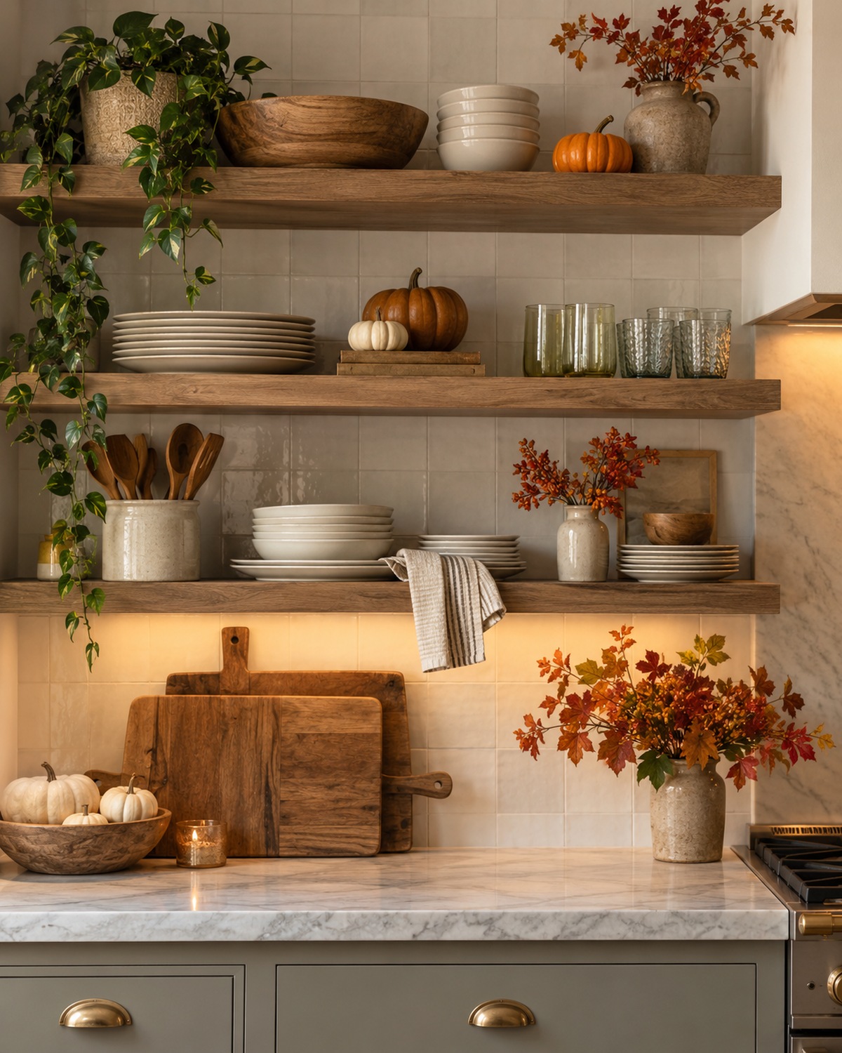 create a Fall Kitchen Open-Shelf Moment, shown in a realistic HomeTrendora-style room