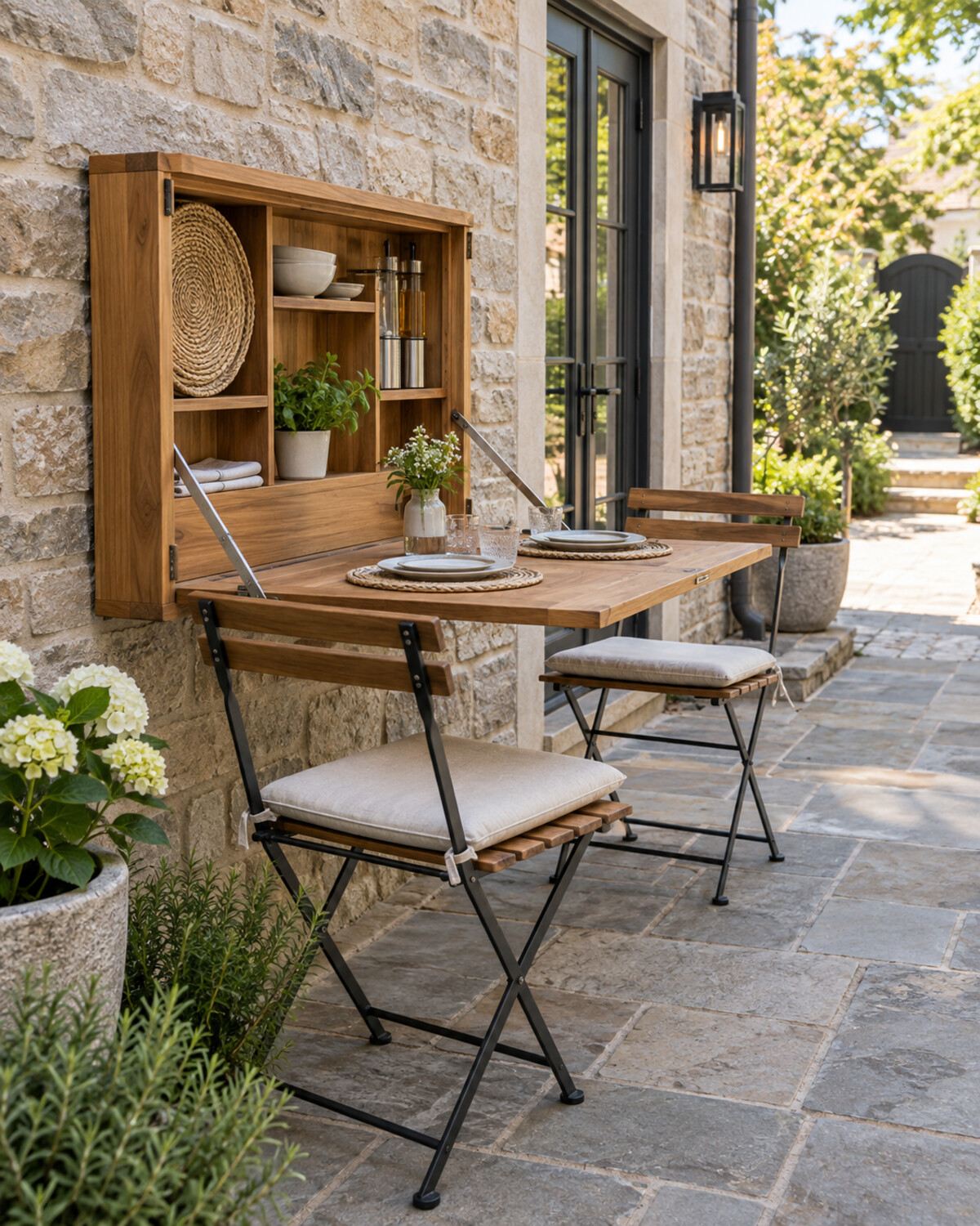 Wall-mounted fold-down patio table with a shallow cabinet holding dining accessories