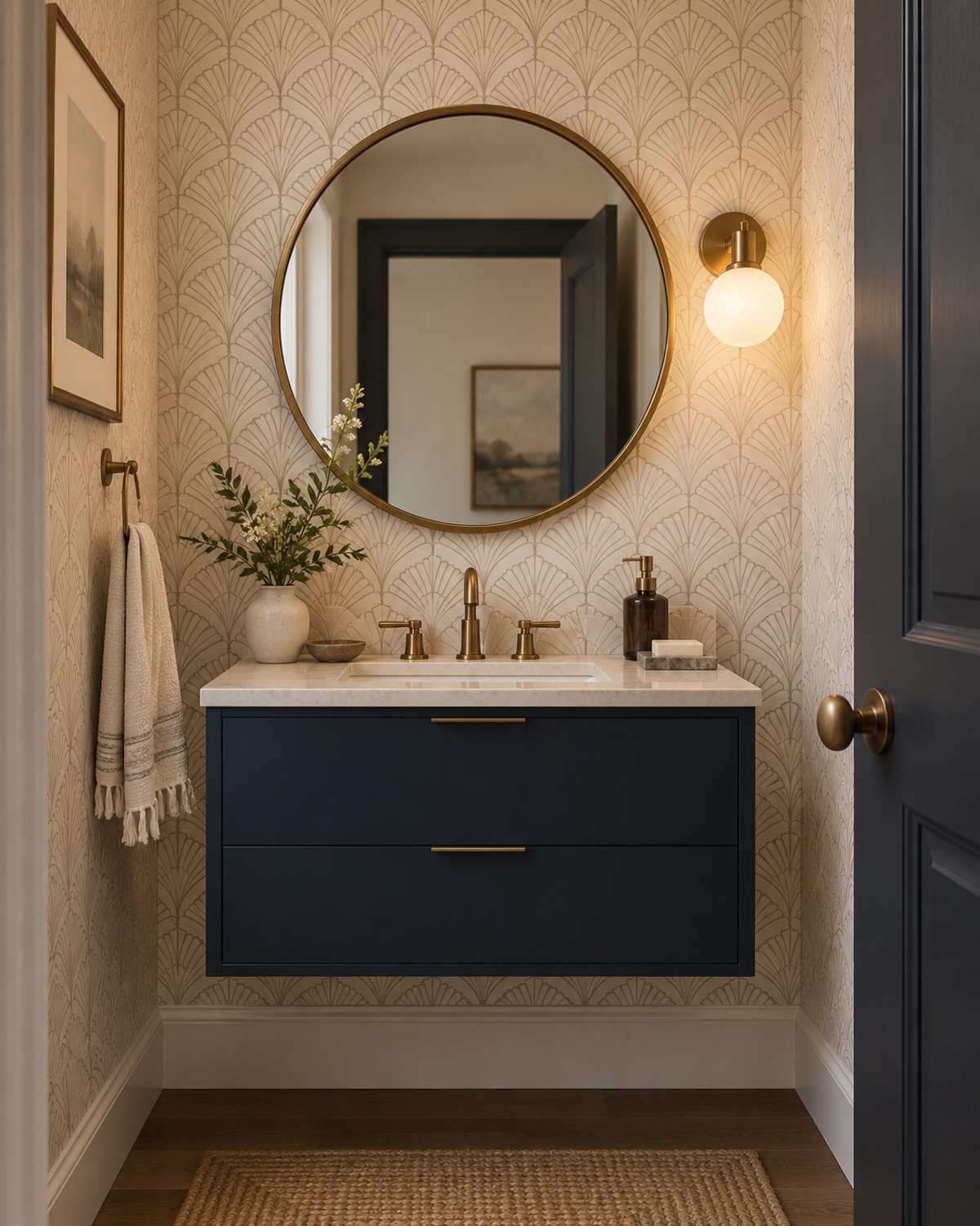 Powder room with fine fan-pattern wallpaper, a compact navy vanity, round brass mirror, and warm wall light