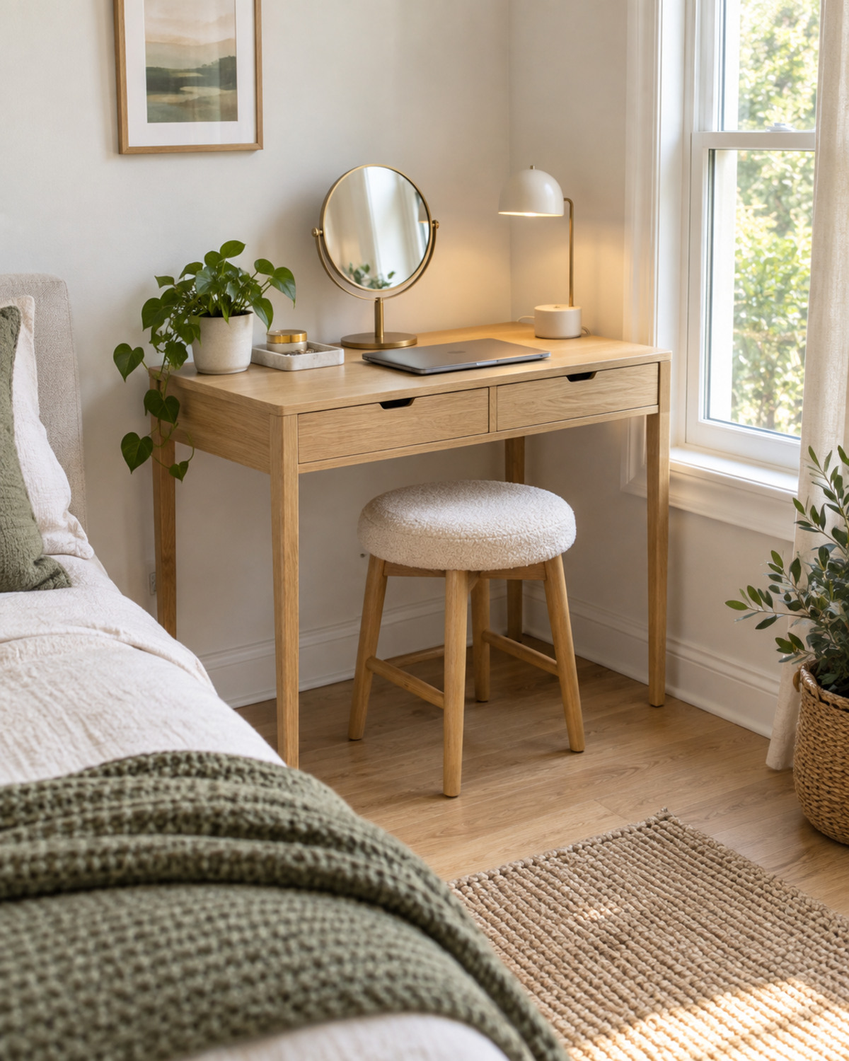 Compact freestanding desk and vanity with a stool, tabletop mirror, lamp, and closed laptop