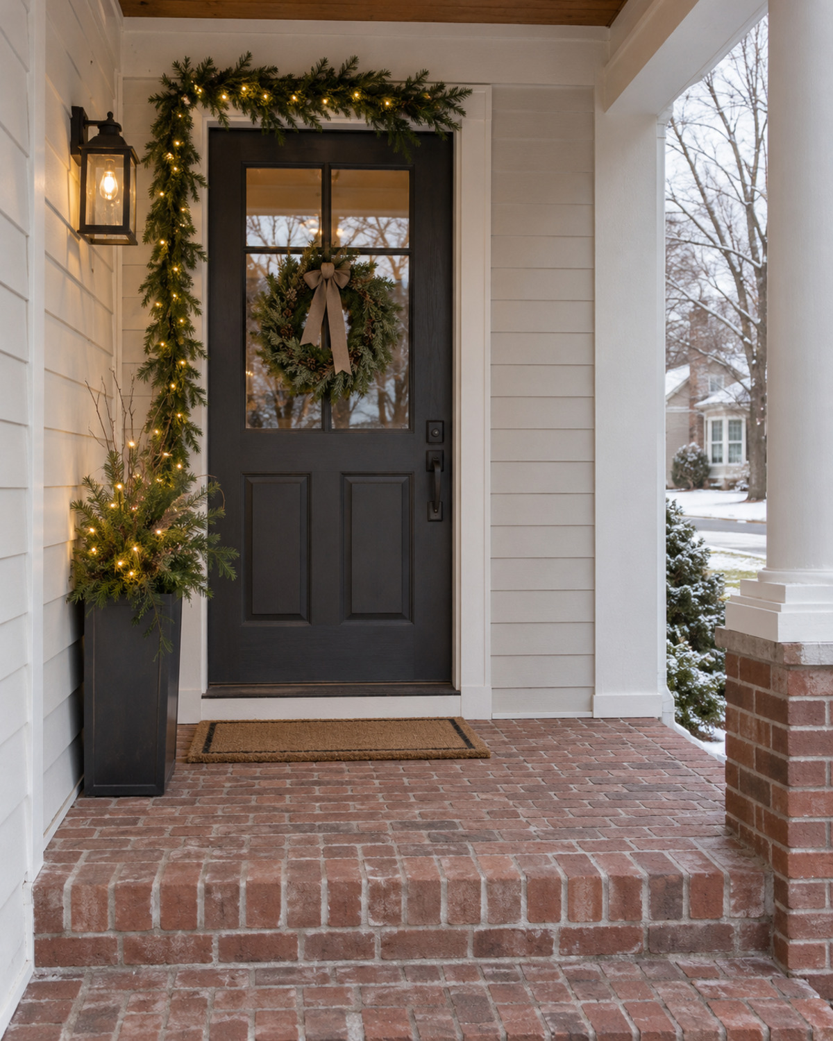 Christmas-decorated front porch with a generous empty brick landing area reserved for packages and door access