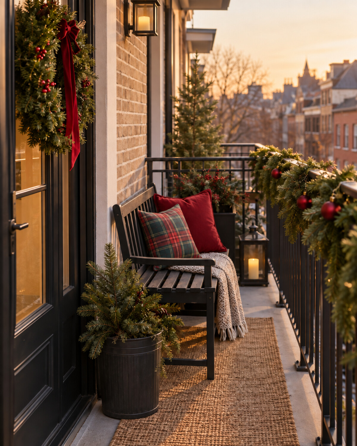 Traditional small Christmas balcony with a black bench, plaid pillow, deep-red cushion, wreath, and railing garland