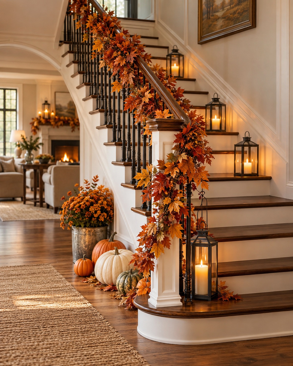decorate a Staircase With Restrained Fall Garland, shown in a realistic HomeTrendora-style room
