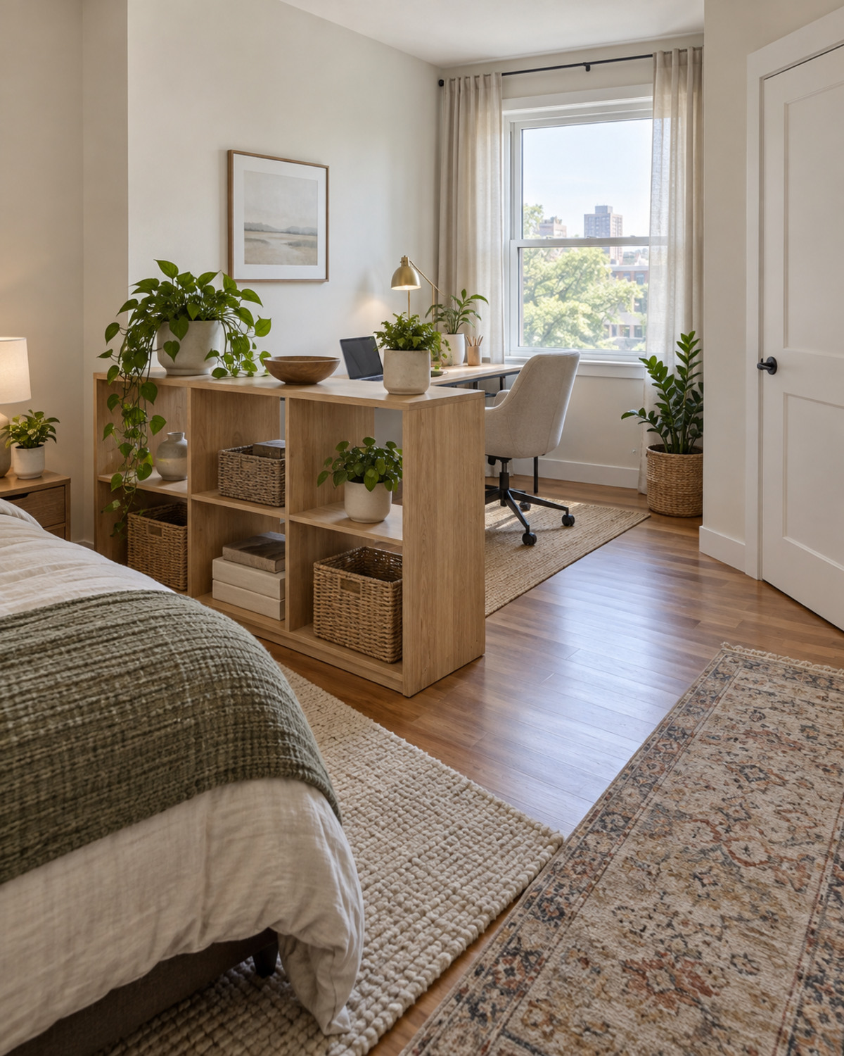 Low open shelving unit dividing a bedroom sleeping area from a compact work zone