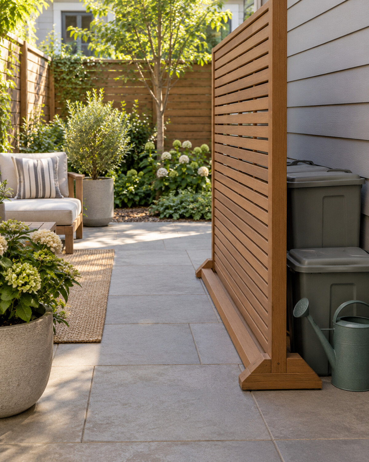 Freestanding slatted wood screen concealing neat utility bins on one side of a small patio