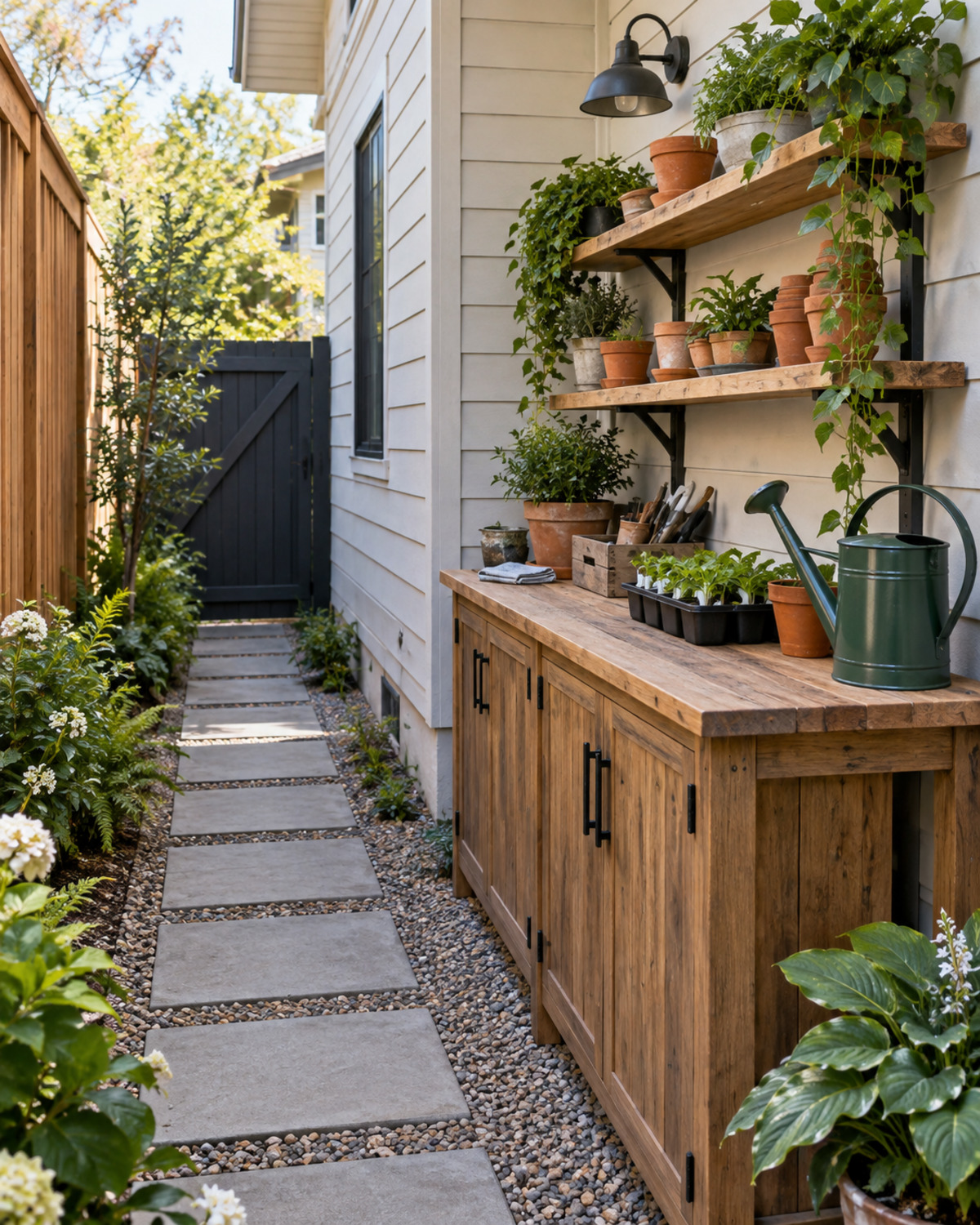Slim weatherproof wood potting bench with closed storage, terracotta pots, tools, seedlings, and a clear path