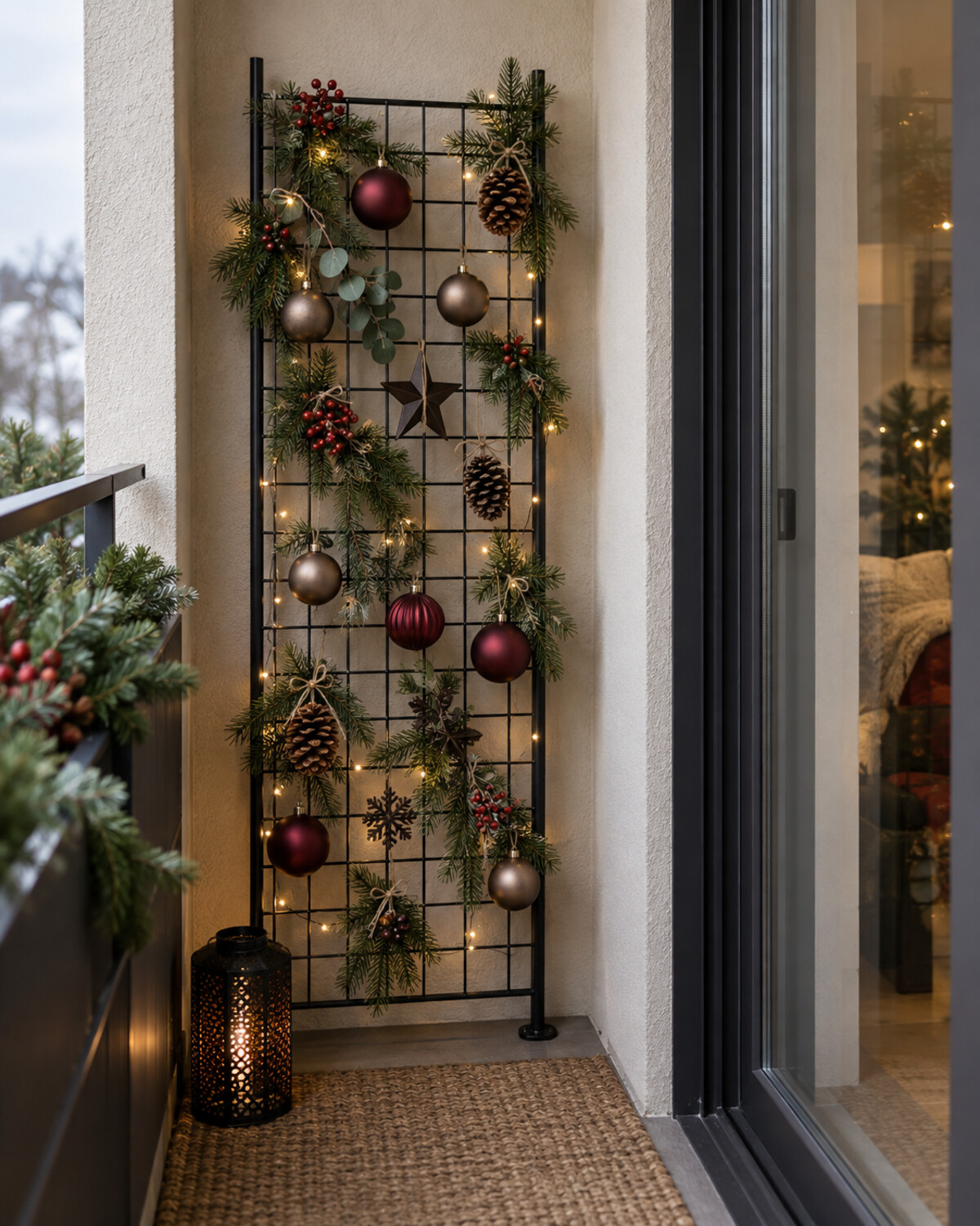 Narrow black grid panel with securely tied shatter-resistant ornaments and evergreen sprigs on a sheltered balcony wall