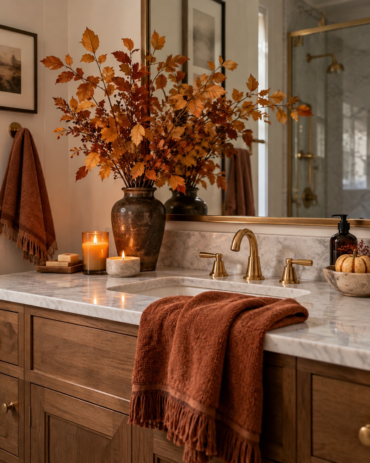 add Warm Seasonal Touches to the Bathroom, shown in a realistic HomeTrendora-style room