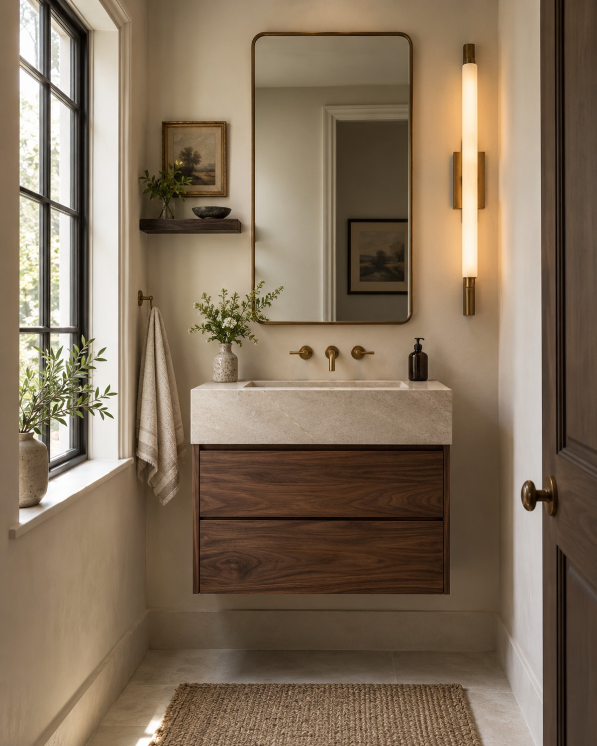 Narrow bathroom with a vanity adapted to a side window, vertical side sconce, aligned mirror, and balancing wall shelf