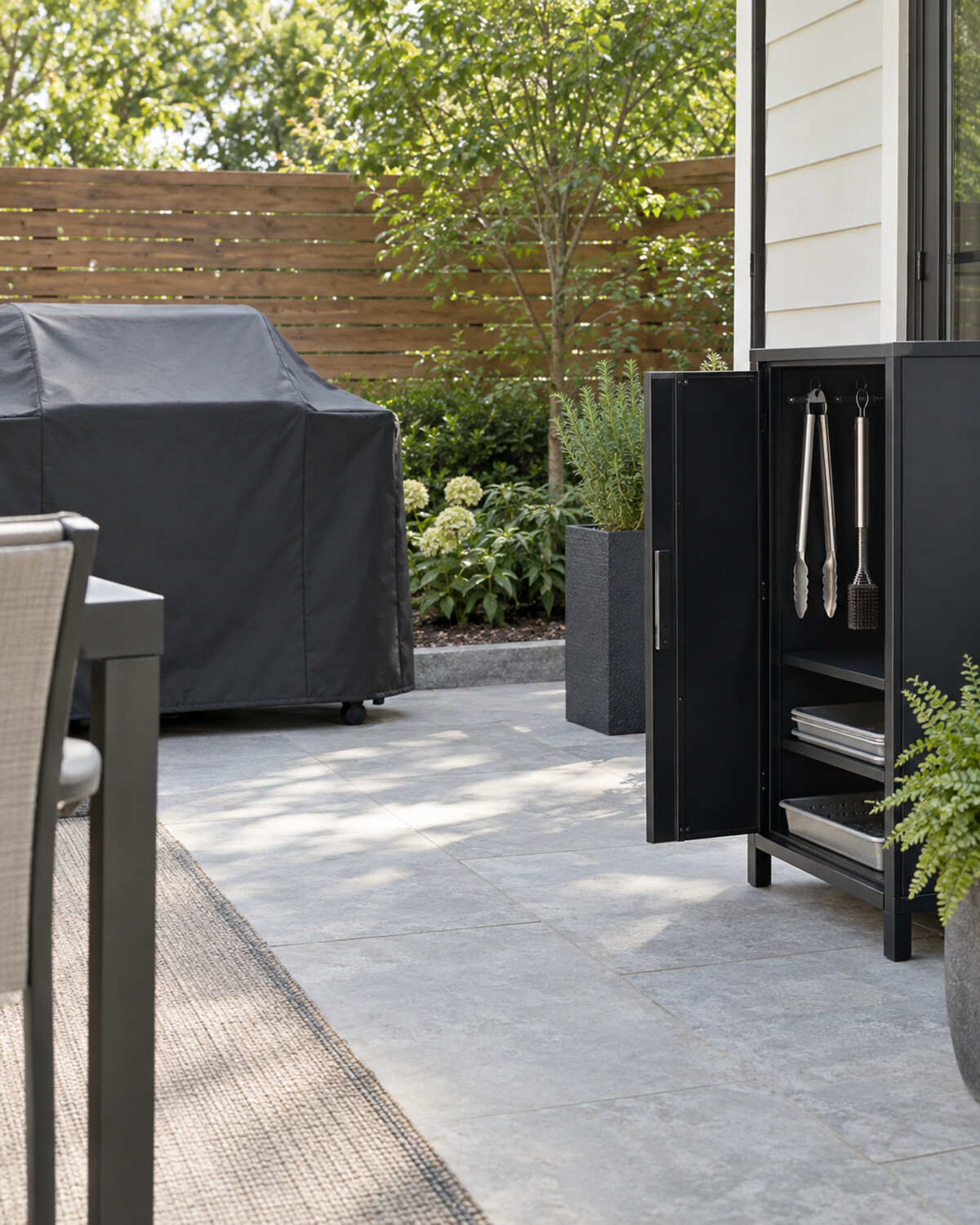 Compact metal grilling-accessory cabinet positioned away from a covered grill on an open patio