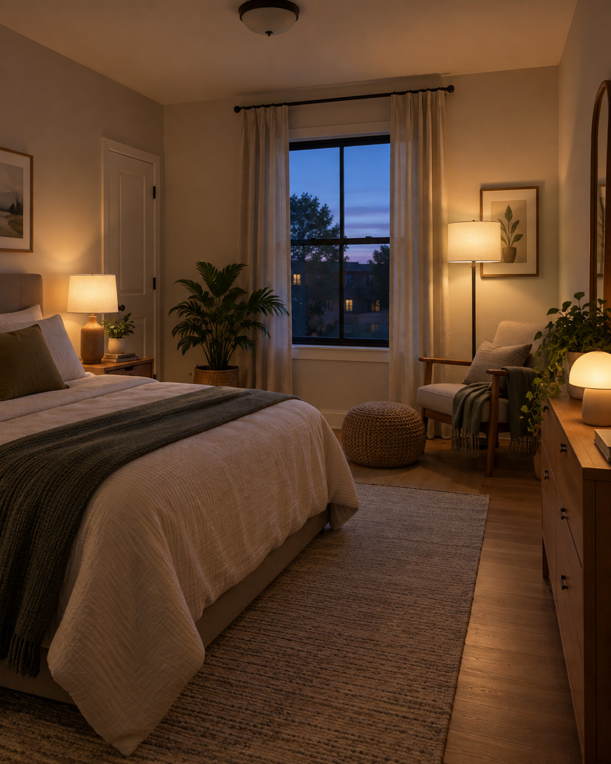 Rental bedroom lit by a bedside lamp, floor lamp, and low dresser lamp at dusk