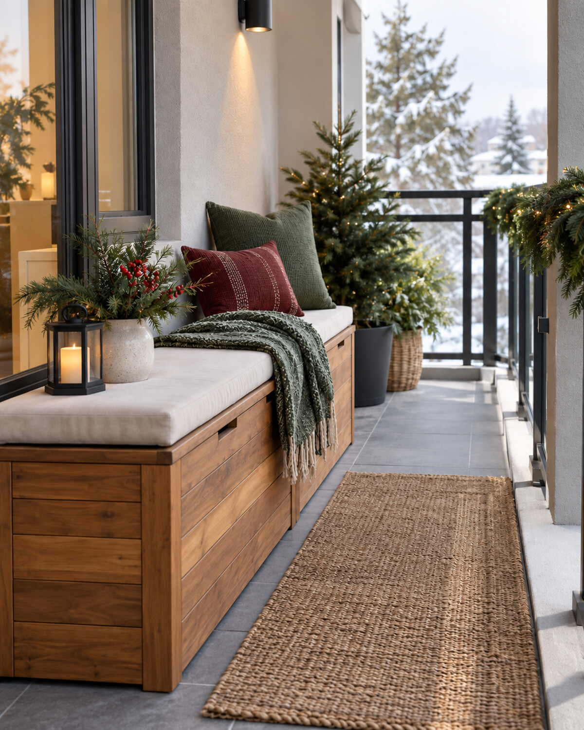 Slim wood storage bench with outdoor cushions, evergreen decor, and concealed compartments on a compact balcony