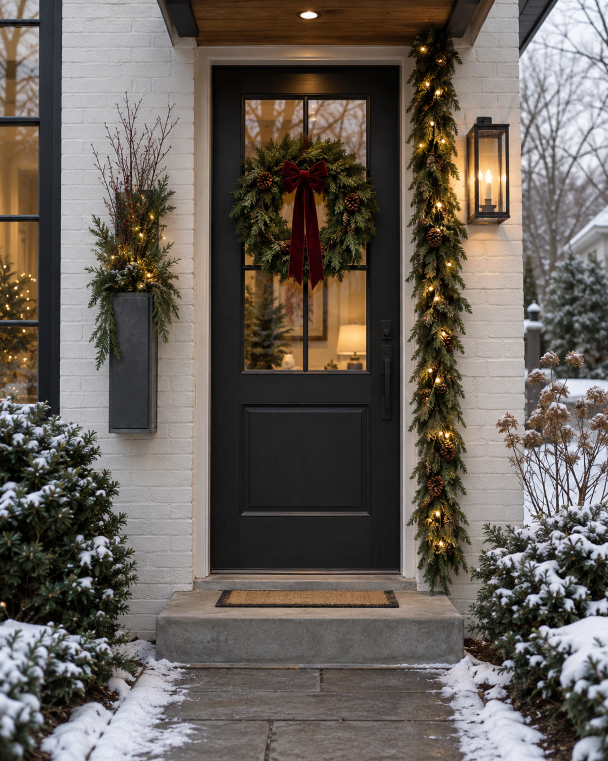 Very small one-step Christmas stoop decorated vertically with a wreath, slim side swag, and raised planter