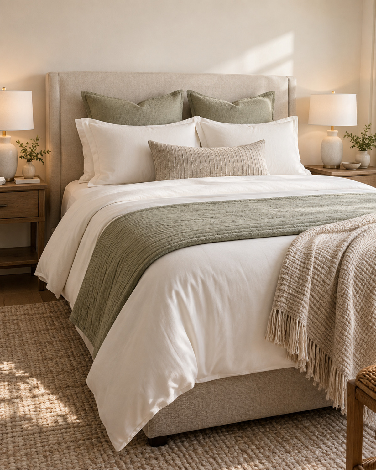 Rental bedroom bed finished with layered ivory, sage, and oatmeal portable textiles